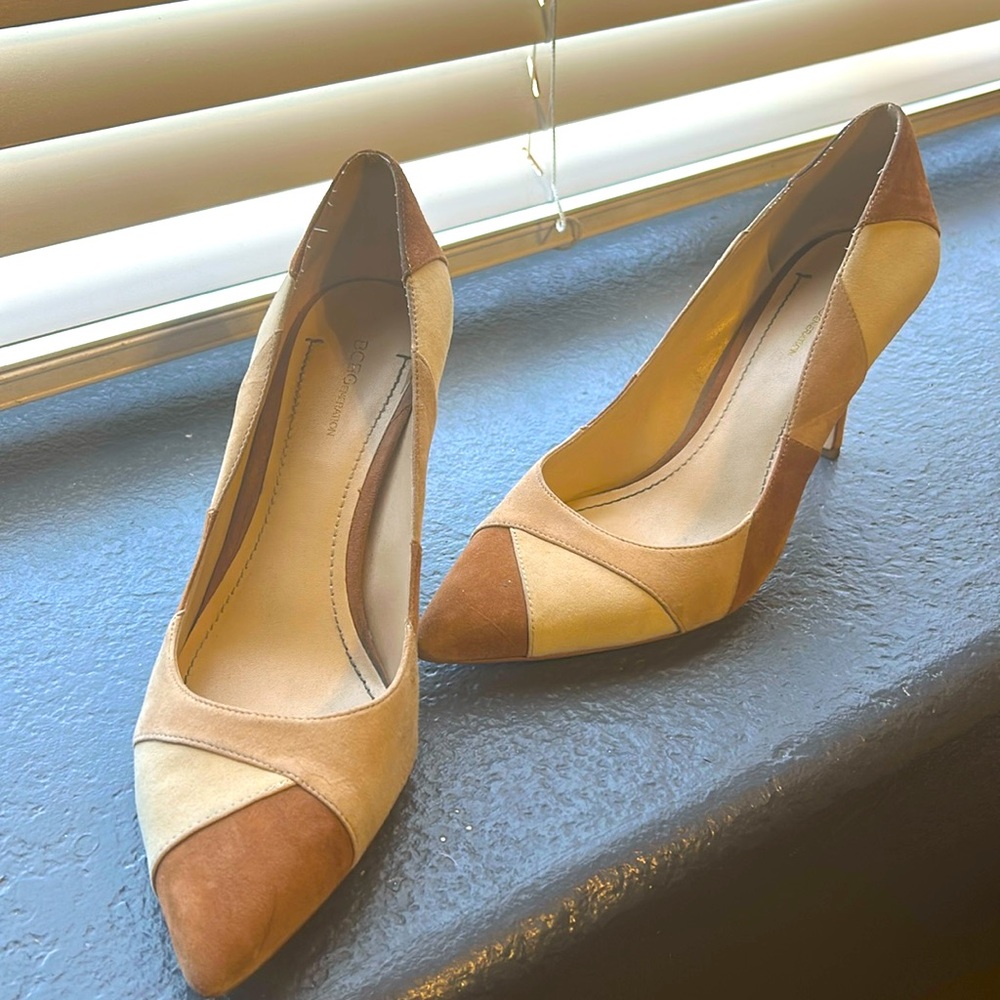 Beige, tan multi color suede heels